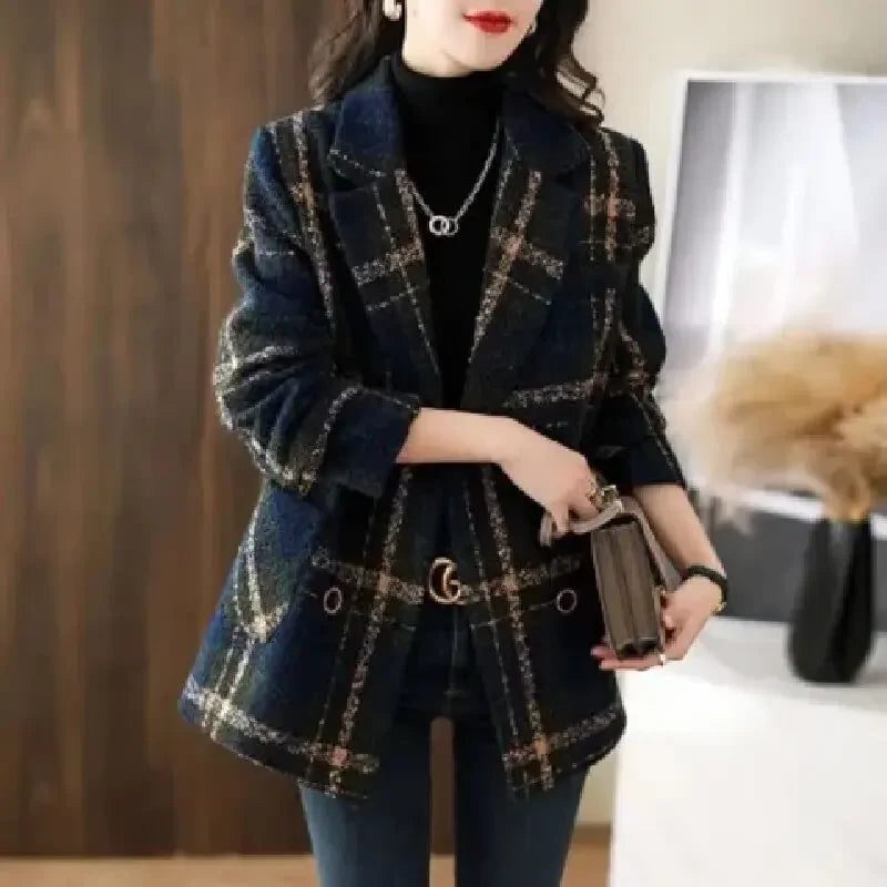 Trendora™ Manteau Élégance Tartan Bleu Nuit