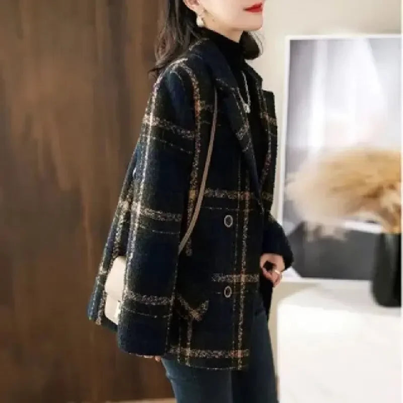 Trendora™ Manteau Élégance Tartan Bleu Nuit